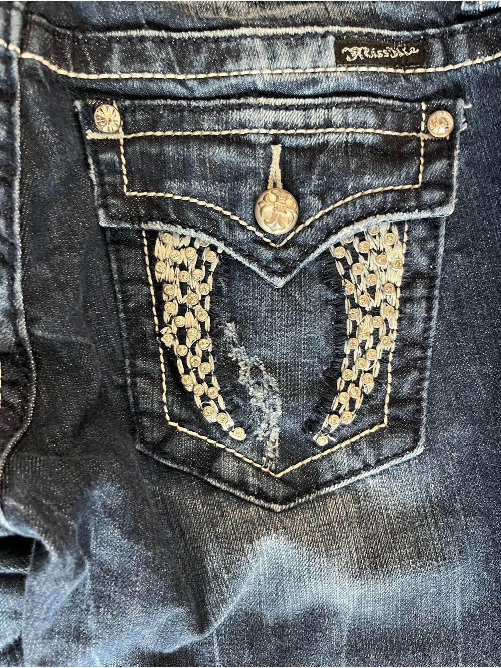 404–Miss Me Dark Blue Embellished Back Pocket Jeans